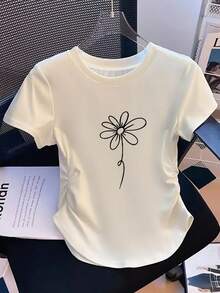 Simple Lines And A Daisy Print In A Fresh And Natural Style - Y2K Style - Women's Casual Fashion Sports T-Shirt, Petite Size, Slim Fit, Solid Color, With Detailed Pleats At The Waist, Pullover Round Neck, Short Sleeves, Suitable For All Four Seasons. - 白色 - 查看 3