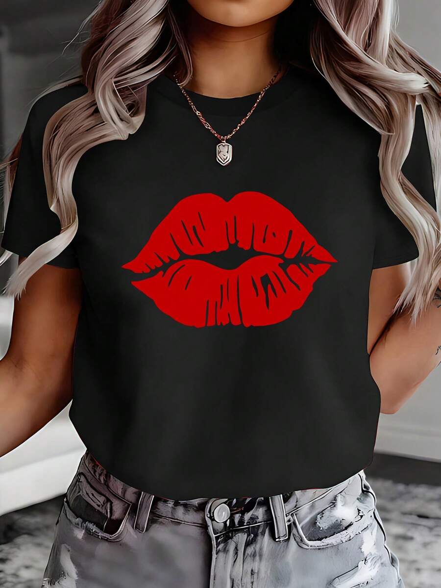 Patrón de estampado de labios rojos, diseño de labios sexys, adecuado para decoración estampada. udadera con estampado direccional, sudadera casual de cuello redondo para primavera/verano, camiseta de manga corta, top cómodo para mujer 14126. Traje de fiesta elegante,T-shirt para damas elegantes,Blusas adecuadas para mujeres con curvas,Faldas de graduación,Ropa casualEstampado de animales adorables ,Estampado de letras divertidas - Negro - Ver 1