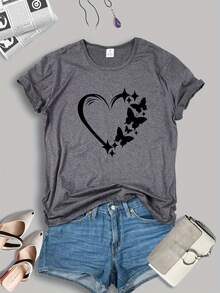 1 pieza de camiseta de verano con estampado de corazones, top deportivo casual de manga corta para primavera/verano, ropa de mujer, 180g, 100% algodón. - Negro - Ver 9