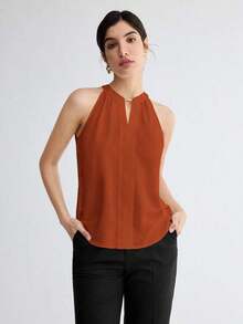 Camiseta de tirantes elegante con cuello de ojo de cerradura de unicolor, versátil para ir al trabajo, uso diario, retro romántico de los 90, adecuada para Navidad, Año Nuevo, San Valentín, fiesta, playa, graduación, moda, carnaval, vacaciones, in - Marrón - Ver 5