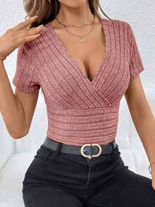 Camiseta de cuello cruzado tejido de canalé - Rosa - Ver 7
