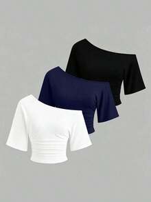 Nuevo conjunto de 3 piezas ajustado con hombros descubiertos, estilo sexy europeo y americano.Camiseta de unicolor versátil y casual para mujer, adecuada para primavera/verano, uso diario, ir al trabajo, citas - Multicolor 6 - Ver 7
