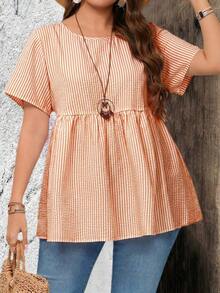 de manga corta con cuello redondo y estampado de rayas, apropiadas para el verano, tallas grandes - Naranja - Ver 1