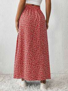 Falda De Verano Para Mujeres Con Estampado Floral Pequeño Y Abertura De Muslo - Rojo - Ver 2
