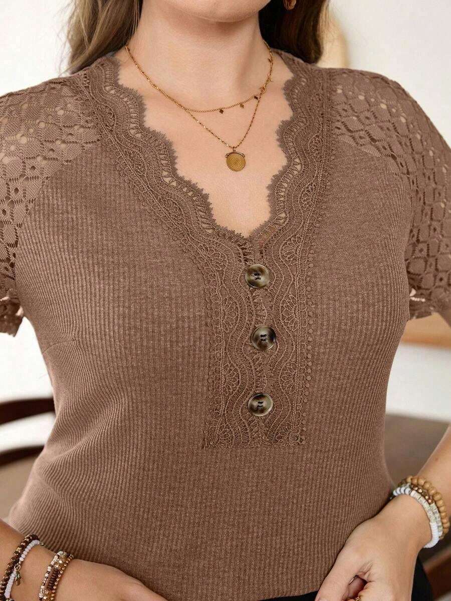 Lacomfia Women's Plus Size Lace Patch Knit T-Shirt, Spring/Summer - Orange - View 1