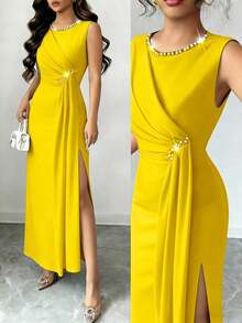 YHHRafferiza Vestido elegante de fiesta con cuentas sin mangas para mujer, vestido de noche largo de verano para eventos formalesYHH - Amarillo - Ver 12