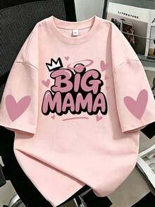 Camiseta de manga corta casual para mujer de talla grande - Patrón de abuela corona y corazón, estampado geométrico, cuello redondo transpirable, lavable a máquina, cómoda para todas las estaciones, rosa de moda para verano - Rosa - Ver 1