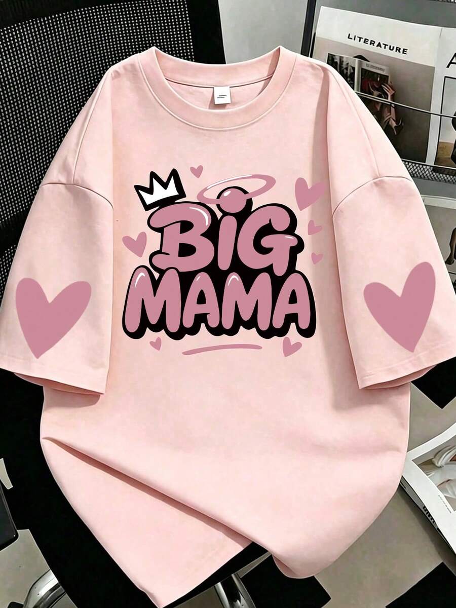 Camiseta de manga corta casual para mujer de talla grande - Patrón de abuela corona y corazón, estampado geométrico, cuello redondo transpirable, lavable a máquina, cómoda para todas las estaciones, rosa de moda para verano - Rosa - Ver 1