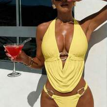 Bonvoyette Women's Deep V-Neck Black Casual Beach Vacation Top And Solid Color High-Cut Bikini Bottom 2-Piece Swimwear Set, Summer Yellow Two Piece Set Bikini Yellow Two Piece Swimsuit Zestiva Swimsuit Zante Holiday Outfit - amarillo ganso - Ver 1