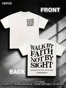 Premium Casual Unisex T-Shirts, Graphic Tees For Men, Urban Style Cotton T-Shirt, Round Neck, Loose Fit, For Autumn Travel And Holidays, Unisex, Gothic And Y2K Style, Print "Walk By Faith, Not By Sight". - 白色 3 - 查看 6