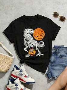 Women's Soft Casual Crew Neck Short Sleeve T-Shirt, Halloween Jack-O'-Lantern, Tyrannosaurus Rex, Christmas Candy, Trick Or Treat, Western Holiday, Street, Home, Halloween Skeleton T-Shirt With Pumpkin Candy Bucket. - 黑色 - 查看 3