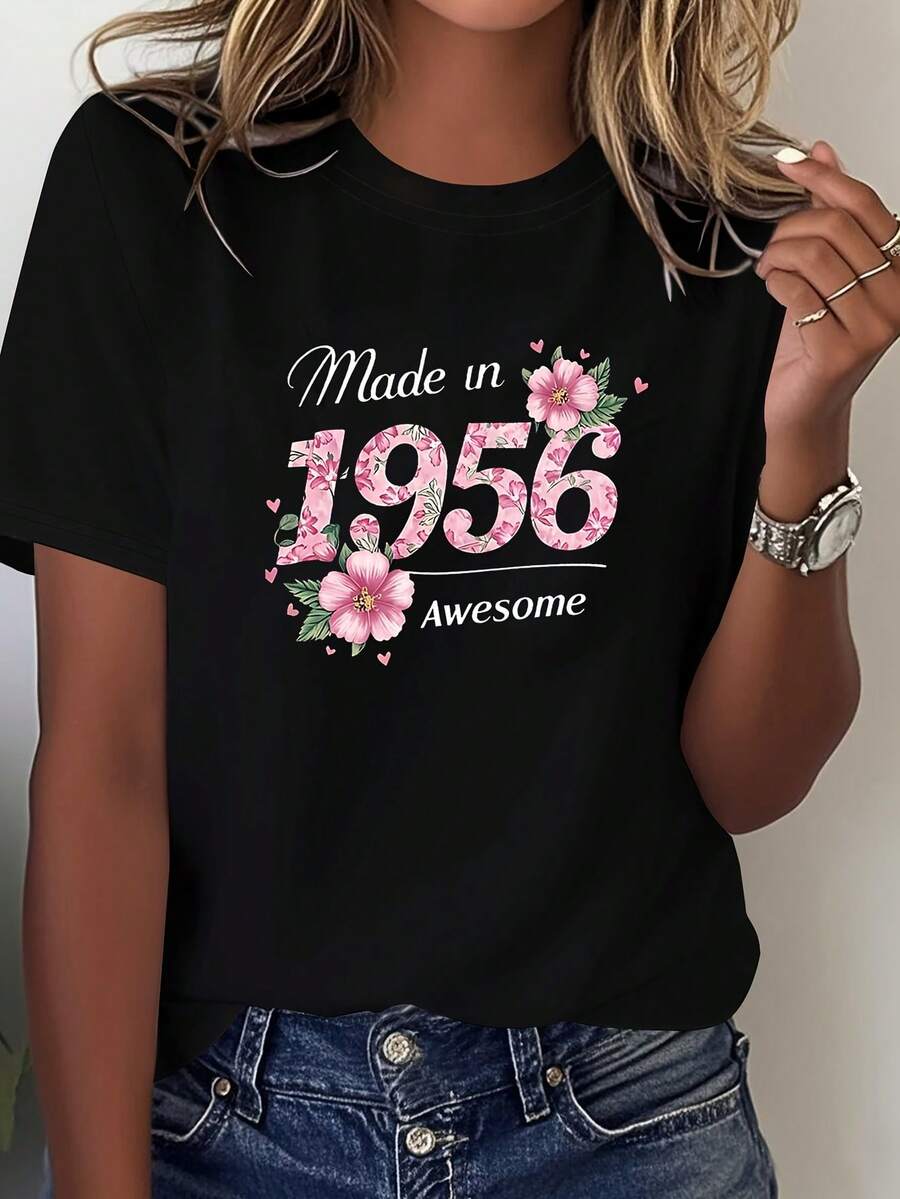 Las personas nacidas en 1956 son increíbles. Camiseta de manga corta para mujer, con cuello redondo, estampado floral decorativo impresionante, hecha en 1956, para primavera/verano. - Negro - Ver 1