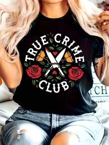 Men's T-Shirt, Women's Plus Size "True Crime Club" Graphic T-Shirt - Black, Crew Neck, Short Sleeve, Casual Knit Top With Rose And Scissors Design, Comfortable For All Seasons, Casual Wear | Graphic Print T-Shirt | Stretch Fabric - 黑色 - 查看 1