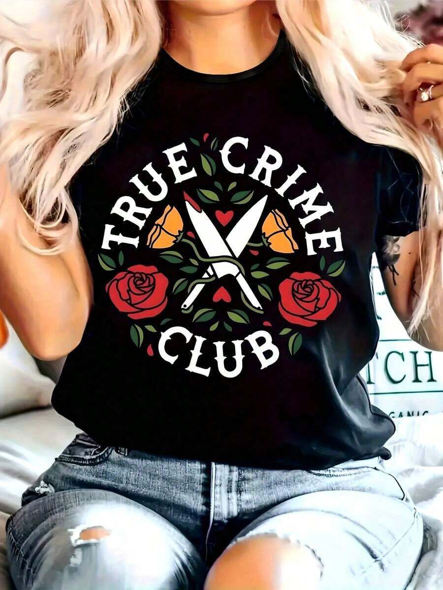Men's T-Shirt, Women's Plus Size "True Crime Club" Graphic T-Shirt - Black, Crew Neck, Short Sleeve, Casual Knit Top With Rose And Scissors Design, Comfortable For All Seasons, Casual Wear | Graphic Print T-Shirt | Stretch Fabric - 黑色 - 查看 1