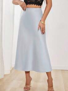 Falda en A de satén elegante y versátil para mujer - Plateado - Ver 3
