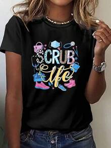 Camiseta con estampado SCRUB LIFE para el cuidado de la salud, manga corta, cuello redondo, top casual para verano y primavera, ropa de mujer, adecuada para primavera, verano y otoño - Negro - Ver 7