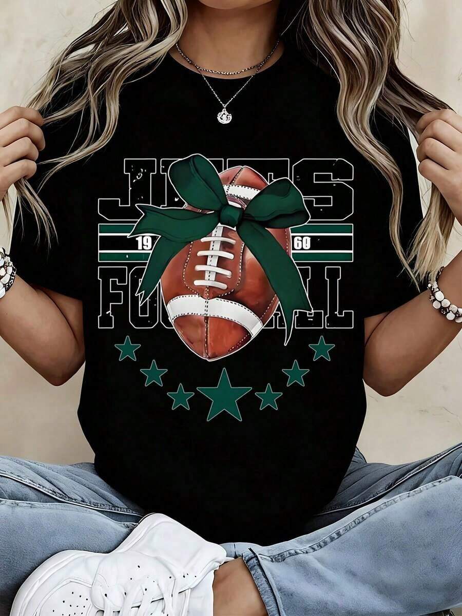 Women's White Casual T-Shirt With Jets American Football Print And Green Bow And Star Design, Perfect For Sports Fans And Game Day Wear. 100% Cotton. Durable. - 黑色 - 查看 1