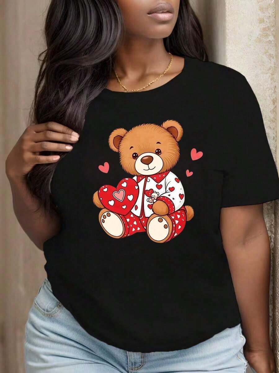 Women's Printed Crew Neck T-Shirt, Teddy Bear Holding A Heart Design With Love Pattern, Party And Festival Wear - Urban Vintage Style, Unisex, Cotton, Short Sleeve, Crew Neck, Blouses For Women. Blouses. Casual Blouses For Ladies. Care Bear Print. Printed T-Shirt Care Bear Print. - 黑色 - 查看 1