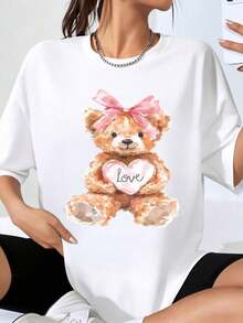 Camiseta Casual Oversize para Mujer con Estampado de Corazón de Oso de Peluche para el Día de San Valentín y Uso Diario - Estilo Urbano Vintage Unisex, Camiseta de Algodón de Manga Corta y Cuello Redondo. blusas.blusas casuales para dama.Impresión de osos cariñosos.Camiseta estampada Impresión de osos cariñosos. - Blanco - Ver 7