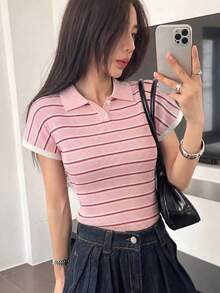 Knit Mix Damen eleganter, lässiger gestreifter Pullover mit Kragen, Knöpfen und Kapuze, Kurzarm, geeignet für Frühling/Sommer, Alltag, Zuhause, Pendeln, Büro, Pink - Pink - Übersicht 3