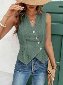 Frenchy Blusa informal de mujer con botones delanteros y sin mangas a rayas, conjunto de ropa de oficina para mujer, ropa de mujer para invierno, atuendos de otoño, camisa blanca de mujer, blusas sin mangas - Verde - Ver 4