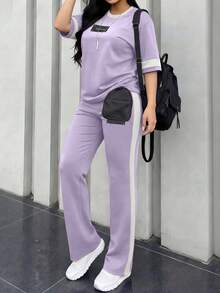 女款新款圓領短袖T恤與鬆緊腰寬鬆長褲2件套，休閒日常穿著，春夏秋優雅風格 - 淺紫190+白 - 查看 7