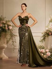 VIPGIRL Elegante y glamoroso vestido de noche largo sin tirantes para mujer con detalles de lentejuelas y malla en contraste para fiesta de boda - Verde Oscuro - Ver 7