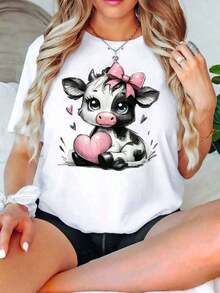 Camiseta de Mujer con Estampado de Vaca, Moda Casual para Mujeres, Cómoda, Suave, Fitness Deportivo, Uso Diario al Aire Libre, Algodón Puro, Camiseta de Manga Corta con Cuello Redondo Transpirable100% Cotton - Blanco - Ver 6