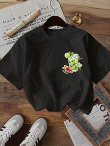 Top de mujer con estampado a doble cara, ropa de verano, estilo fresco, estampado mojito, camiseta de manga corta con cuello redondo, camiseta de manga corta. - Negro - Ver 2