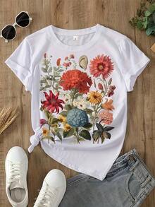 Camiseta Casual de Manga Corta para Mujer, Estampada con Motivos Botánicos y Florales Vintage, Ropa de Verano, Camiseta Oversize, Streetwear Casual, Cuello Redondo, Algodón, Moda de Verano, Camiseta Holgada para Mujer, Atuendo Diario - Blanco - Ver 6
