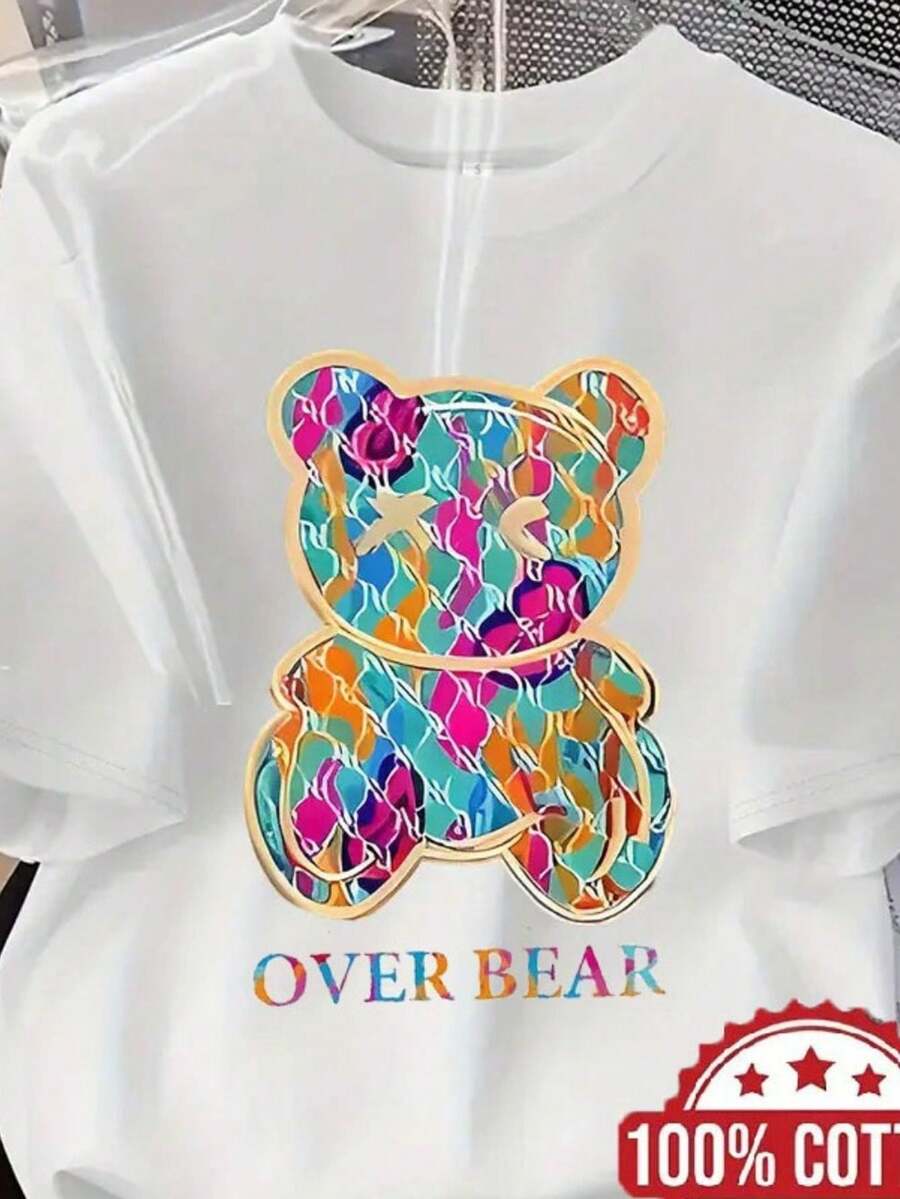 Women's 100% Oversized T-Shirt With Adorable Bear Print - Short Sleeve, Round Neck, Relaxed Fit, Breathable, Ideal As A Casual Garment For Lounging At Home Or As A Base Layer For Pajamas, Bear Face Design For All Seasons. - 白色 - 查看 1