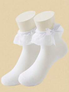 4 Pairs Lace Bow Ruffle Cute Princess Style Short Socks Breathable Cotton Socks For Girl White - White - View 10
