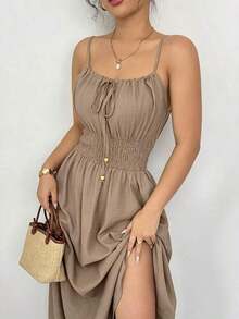 Vestido de lino con nudo en el frente, plisado en la cintura y sin mangas, color café claro, cómodo y casual, para primavera y verano - Caqui - Ver 7