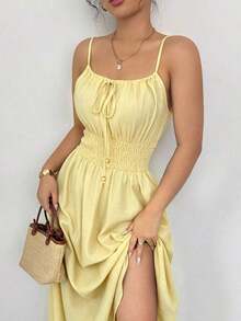 Vestido de lino con nudo en el frente, plisado en la cintura y sin mangas, color café claro, cómodo y casual, para primavera y verano - Amarillo claro - Ver 4