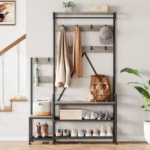 Rustic Industrial Hall Tree Coat Rack – Freestanding Entryway Organizer with Shoe Storage Bench, Hooks, Hanging Bar, Storage Cubbies, Top Shelf, Metal Frame for Hallway, Living Room - Gris - Ver 4