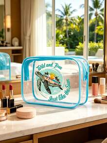 Clear Pvc Travel Toiletry Bag With Blue Trim, "Wild And Free Just Like The Sun" Sea Turtle Print Cosmetic Pouch, Makeup Organizer For Beach & Vacation, Waterproof Zipper Pouch For Toiletries, Sunscreen, And Travel Essentials, Lightweight, Durable, And Quick-Drying, Perfect For Beach Trips, Pool Days, Air Travel - Multicolor - View 9