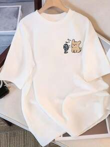 Women's Soft And Breathable T-Shirt With Cat Print - Loose Fit, Short Sleeve With The Phrase "Hi!", "Be Happy" Print And Kitten, Lightweight Summer Blouse, Machine Washable, Suitable For Casual Wear, Daily Outfits, All Year Round. - 白色 - 查看 7