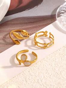 Bộ 3 chiếc nhẫn hở bằng thép không gỉ mạ vàng 18K, thiết kế cá nhân hóa theo phong cách Hip-Hop, họa tiết lá dầu nhỏ giọt màu trắng, thích hợp làm quà tặng hàng ngày, dự tiệc và lễ hội cho nữ. - Vàng - Xem 5