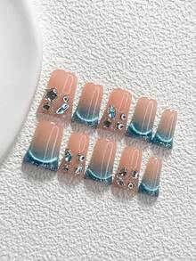 10片裝夢幻風手工穿戴甲，Polygel美甲套組，白色不對稱水鑽、藍色漸層亮片指甲油，休閒風格，附美甲工具，3種尺寸可選，杏仁形、鴨嘴形、棺材形，適合派對、跳舞、日常配戴 - 彩色 - 查看 2