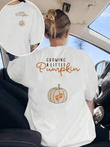 Printed T-Shirt With A "Pregnancy In October" Design On The Front And Back. Features A Round Neck, Short Sleeves, A Comfortable Fit, And A Classic Design. This Fashionable, Double-Sided Printed Top Is Perfect For Women. It's Suitable For Elegant Parties, Stylish Ladies, And As A Blouse For Curvy Women. It Can Also Be Worn Under Prom Skirts Or As Casual Wear. - 白色 - 查看 7