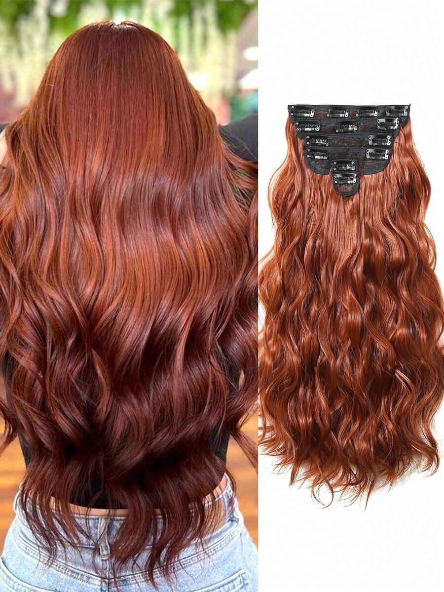 Set de 6 extensiones de cabello ondulado suave, de 20 pulgadas de color rojo-marrón con clips, extensiones de cabello sintético rizado, adecuadas para fiestas de Halloween y uso diario