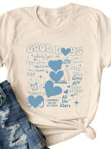 Women's Casual T-Shirt "Good Days", Cute And Stylish, With Heart Print, Short Sleeve, Modern And Cool Top - 杏色 - 查看 7