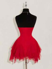ICON Vestido mini de mujer con parches de malla blanca y ballenas - Rojo - Ver 3