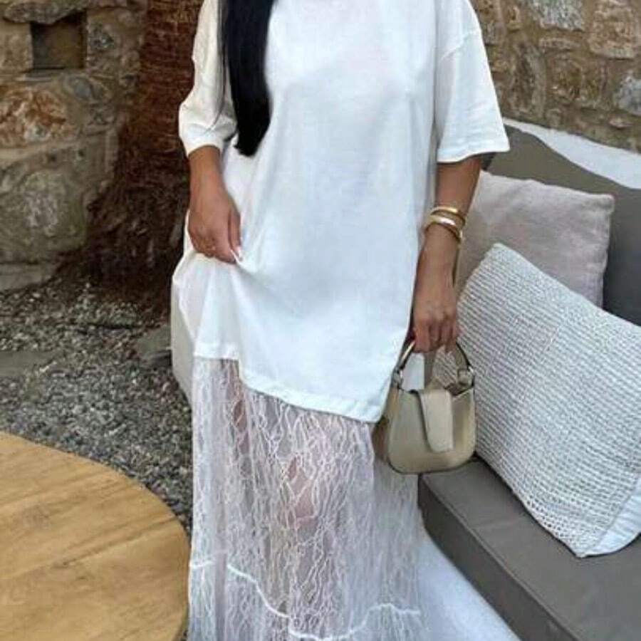 Women's Round Neck Contrast Lace Dress, Sexy Casual Knitted Fabric Dress, Spring/Summer Elegant White - Blanco - Ver 1