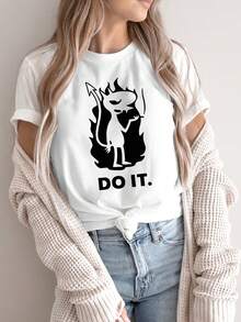 Women's Casual Sports T-Shirt, Crew Neck Tee, DO IT, Black Devil Graphic, Humorous Design, Eye-Catching Outfit, Everyday Casual Wear, Independence Day, Rebel, Devil Motif, Eye-Catching Clothing, 4th Of July, Comfortable All-Season Top - 白色 - 查看 1