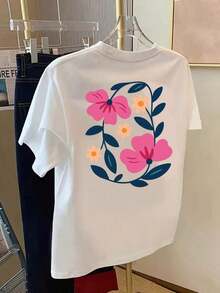 Women's Floral Short Sleeve T-Shirt - Floral Print On Front And Back, Round Neck, White Background With Pink Flowers, Lightweight Casual Shirt For Everyday Wear, Machine Washable Blouse For All Seasons, Versatile Clothing, Comfortable Fit, 100% Cotton. - 白色 - 查看 1