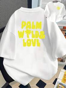 New 180g Short-Sleeved T-Shirt, 1% Cotton, With Front And Back Print - WILD & LOVE, Palm Trees And Love - Fashionable Printed T-Shirt For Women, Short-Sleeved, Suitable For All Seasons, Modern Clothing - Can Be Worn As A Base Layer In Spring And Autumn Or Alone In Summer, Unisex. - 白色 - 查看 7