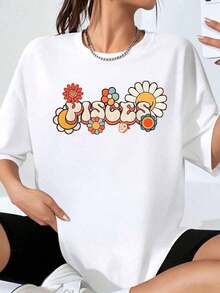 Women's Oversized White T-Shirt With Pisces Zodiac Sign Graphic, Casual Urban Style, Summer Fashion Top - 白色 - 查看 7