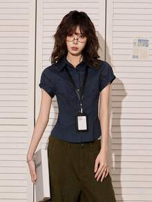 女款修身版型POLO領條紋短袖襯衫，海軍藍夏季款 - 藏蓝色 - 查看 7