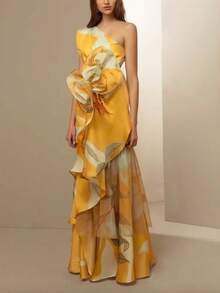 Off-The-Shoulder Dress With A French Retro Print And Exclusive Fitted Waist. - 鵝黃色 - 查看 3